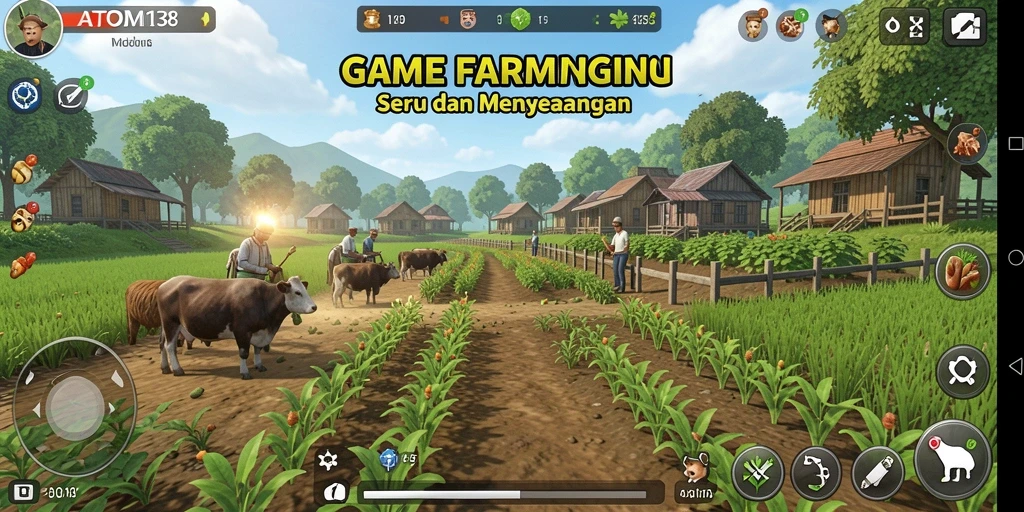 Tangkapan layar utama ATOM138 menunjukkan aktivitas bertani yang menyenangkan.