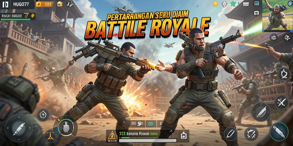 Tampilan gameplay HUGO77 dengan pertempuran Battle Royale yang mendebarkan.