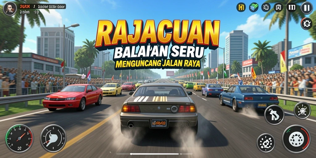 Screenshot gameplay RAJACUAN menunjukkan aksinya di trek balapan yang menantang.