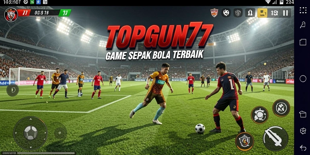 Screenshot gameplay TOPGUN77 yang menampilkan aksi seru di lapangan sepak bola.